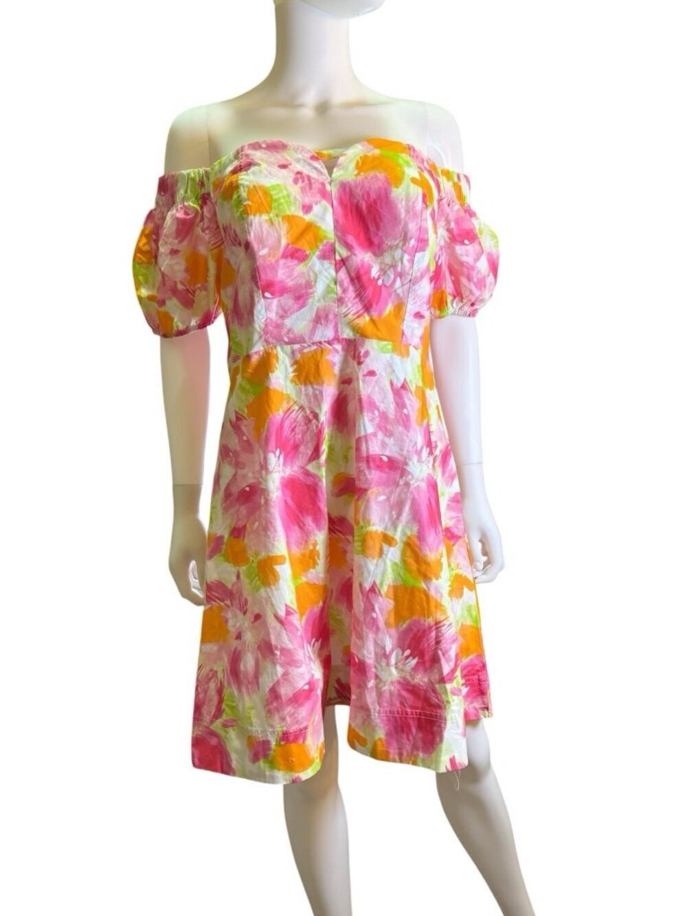 Esther & CO Womens Nalissa Off Shoulder Dress Neon Floral Cotton Size 12 NWT